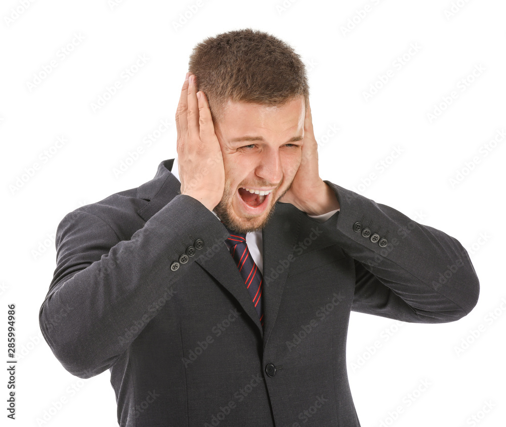Businessman having panic attack on white background Businessman having panic attack on white background