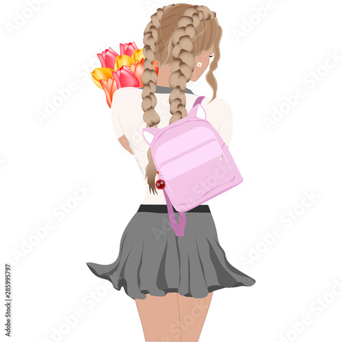Student with a backpack holds flowers. Vector art