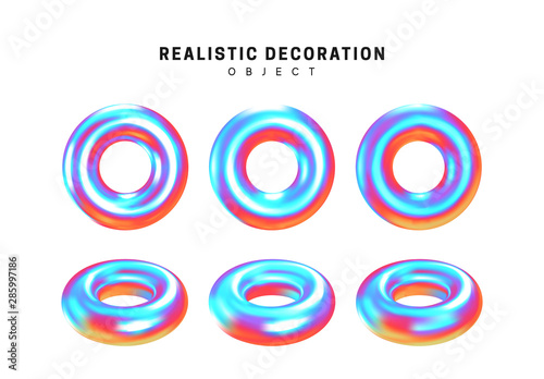 Set torus. Donut Realistic geometric shapes with holographic color gradient. Hologram decorative design elements isolated white background. 3d objects shaped blue color. vector illustration.