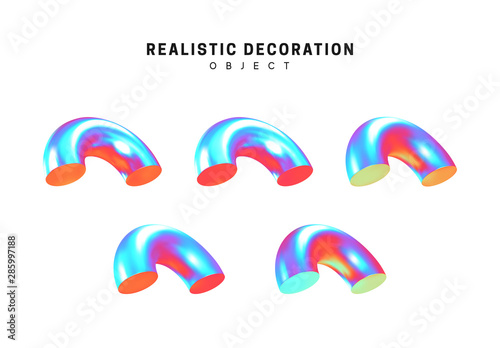 Set half torus. Donut Realistic geometric shapes with holographic color gradient. Hologram decorative design elements isolated white background. 3d objects shaped blue color. vector illustration.