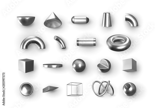 Set of 3d Silver Geometric Shapes Objects. Realistic geometry elements isolated on white background, on metallic color gradient. Render Decorative white figure for design. vector illustration