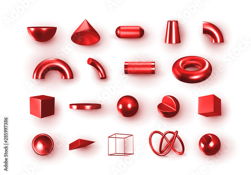 Set of 3d red Geometric Shapes Objects. Realistic geometry elements isolated on white background, on metallic color gradient. Render Decorative burgundy figure for design. vector illustration