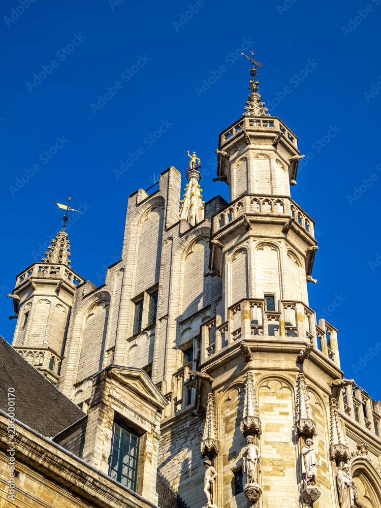 Architectural detail of the Brussels Town Hall on Grand Place in Brussels, Belgium