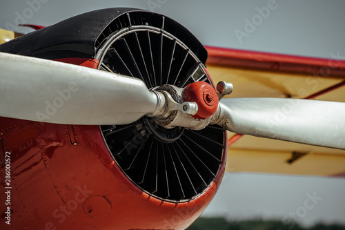 Engine and propeller of old retro airplane, close up