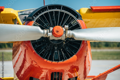 Engine and propeller of old retro airplane, close up