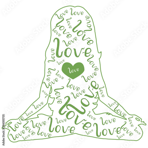 Silhouette shape of girl woman with long hair in lotus yoga pose with love word lettering vector illustration