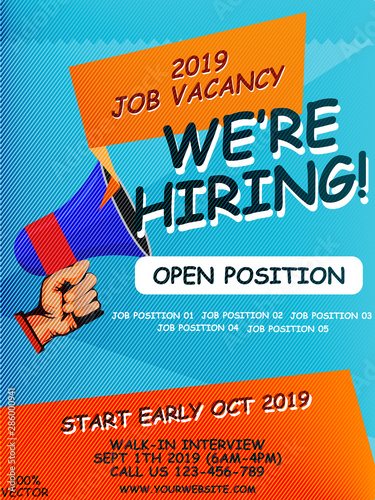 We are Hiring Poster or Banner Design. Job Vacancy Advertisement Concept on gradient blue background with megaphone, hand and orange label. Web design, banner template, infographic. Vector EPS10