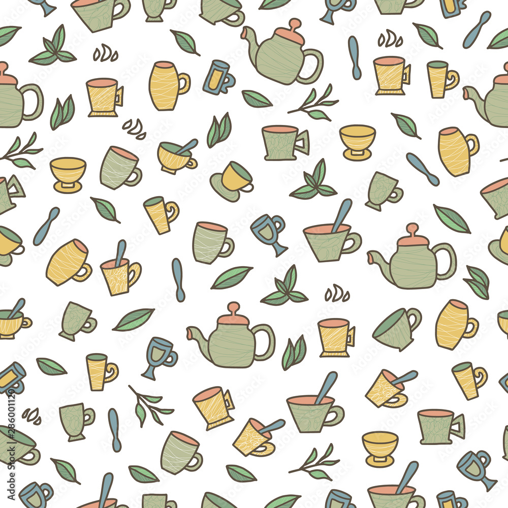 Seamless pattern of tea cups. Vector illustration.