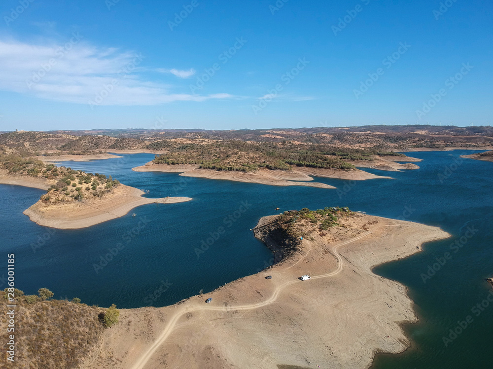 Aerial view from a dam in Alentejo Portugal, The Chanza River. Drone view