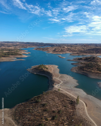 Aerial view from a dam in Alentejo Portugal, The Chanza River. Drone view