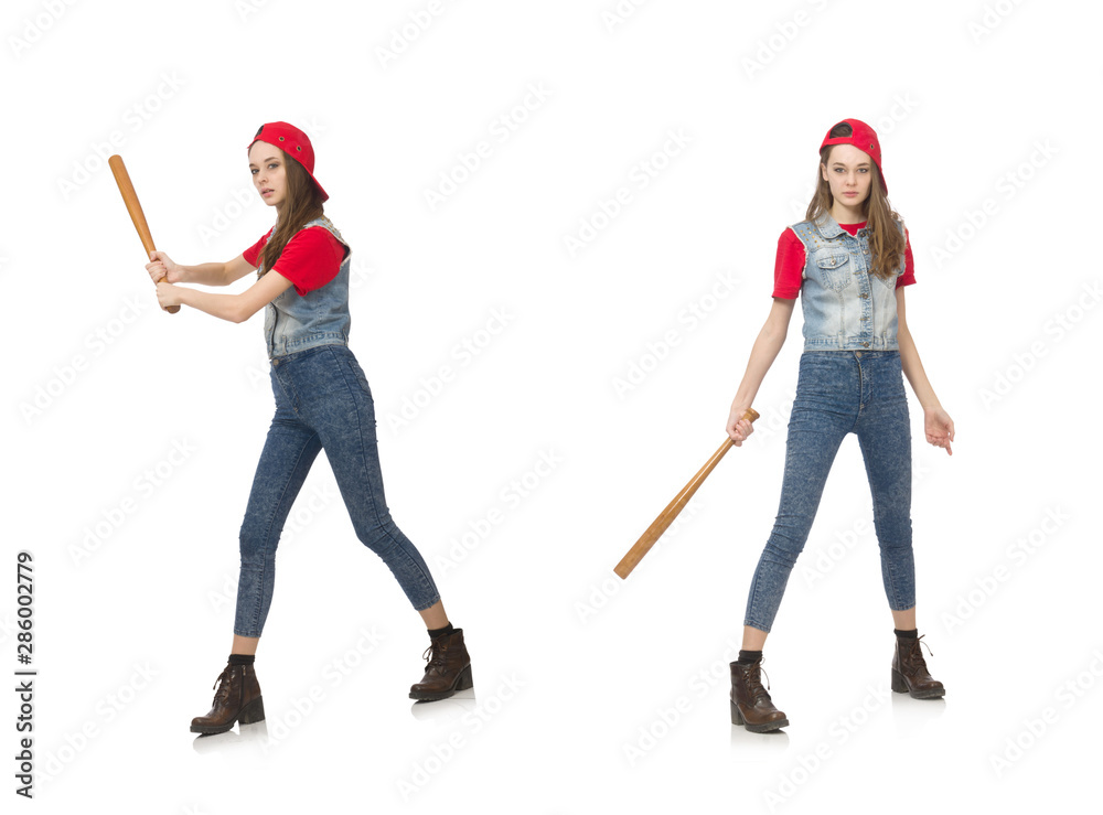 Fototapeta premium Pretty girl holding baseball bat isolated on white
