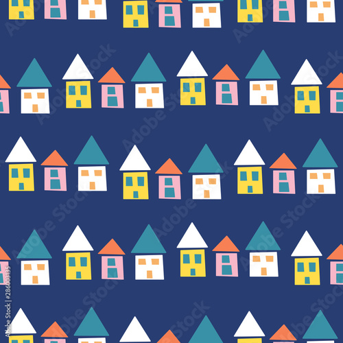 Scandinavian house hut pattern vector background. Blue seamless pattern.