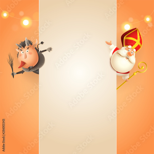 Krampus on left side and Saint Nicholas on right side of board - happy cute characters celebrate holidays - poster template