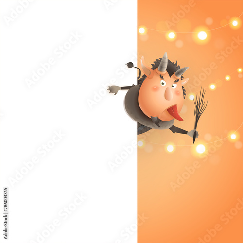 Krampus on right side of board - happy cute character celebrate holiday Krampusnacht - poster template on orange background