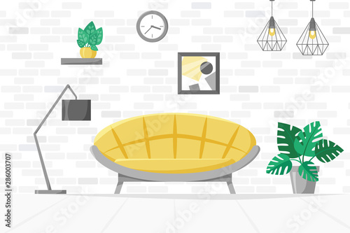 Living room in flat style, home illustration with sofa, lamp, house plants in pots, modern interior concept, vector