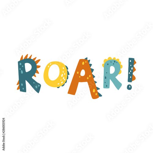 Dinosaur vector illustration in flat cartoon scandinavian style with ROAR lettering. Childish design for birthday invitation or baby shower, poster, clothing, nursery wall art and card.