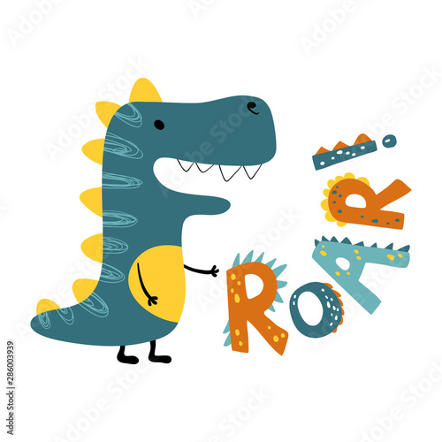 Roar dinosaur. Vector funny lettering quote with dino icon, scandinavian hand drawn illustration for greeting card, t shirt, print, stickers, posters design.