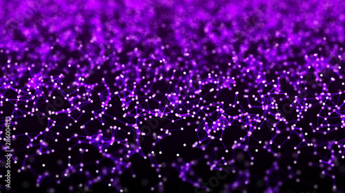 Digital plexus of glowing lines and dots. Abstract background. Connection of particles. 3D rendering.
