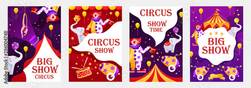 Set of vector cartoon templates for circus flyers, banners, posters, covers. Children's illustration. Colorful advertising backgrounds. Promotion Show.