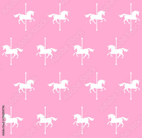Vector seamless pattern of white unicorn carousel isolated on pink background