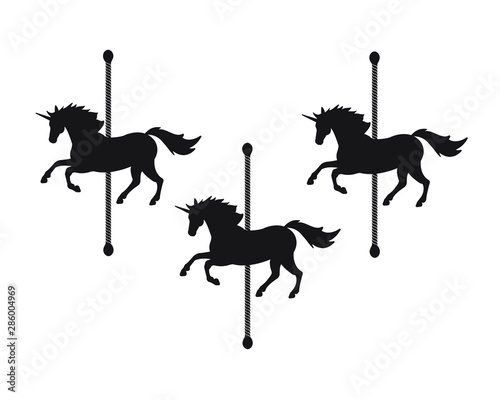 Vector flat black unicorn horse carousel silhouette isolated on white background