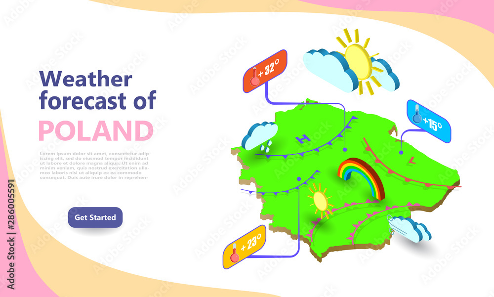Weather forecast map of POLAND. Isometric set icons location on country