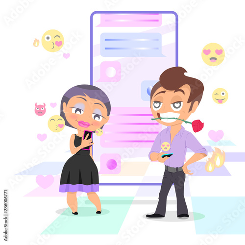 Pretty modest woman is chatting with handsome man with smartphone. Dating and virtual relationship concept. Chat bubbles and emojis on the background. Vector illustration