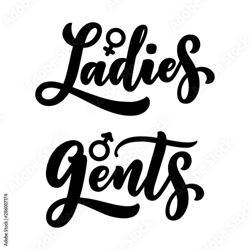 Ladies and Gents, men and women toilet signs - hand lettering patches, icons. Vector