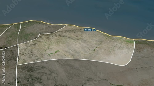 Al Marqab - district of Libya with its capital zoomed on the satellite map of the globe. Animation 3D photo