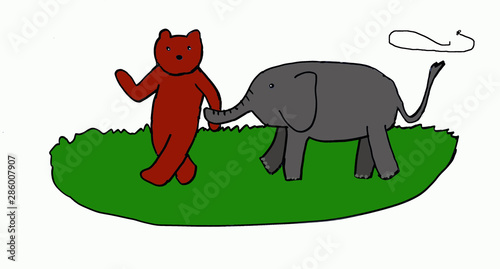 a bear&a child elephant walking