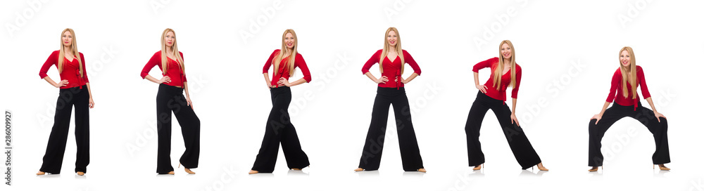 Young woman in flared pants isolated on white Young woman in flared pants isolated on white