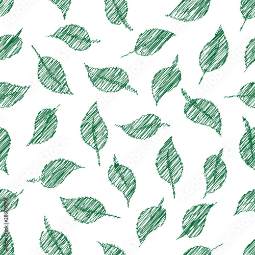 Seamless natural pattern of green leaves on a transparent background with stylization for hand-embroidered stitch