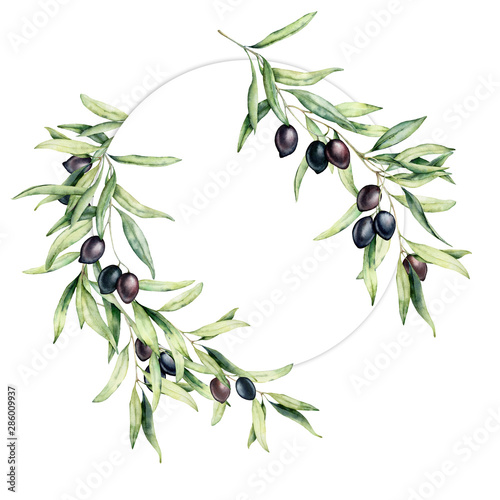 Watercolor wreath with olive leaves and berries. Hand painted floral circle border with olive fruit and tree branches with leaves isolated on white background. For design, print and fabric.