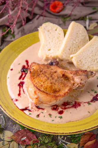 Oven Baked rabbit legs or shoulder lamb or pork with mushrooms in creamy mustard sauce. Beautiful stylish menu. 