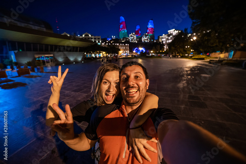 happy tourist take selfie photo in Baku, Capital of Azerbaijan. Travelling in Caucasus country