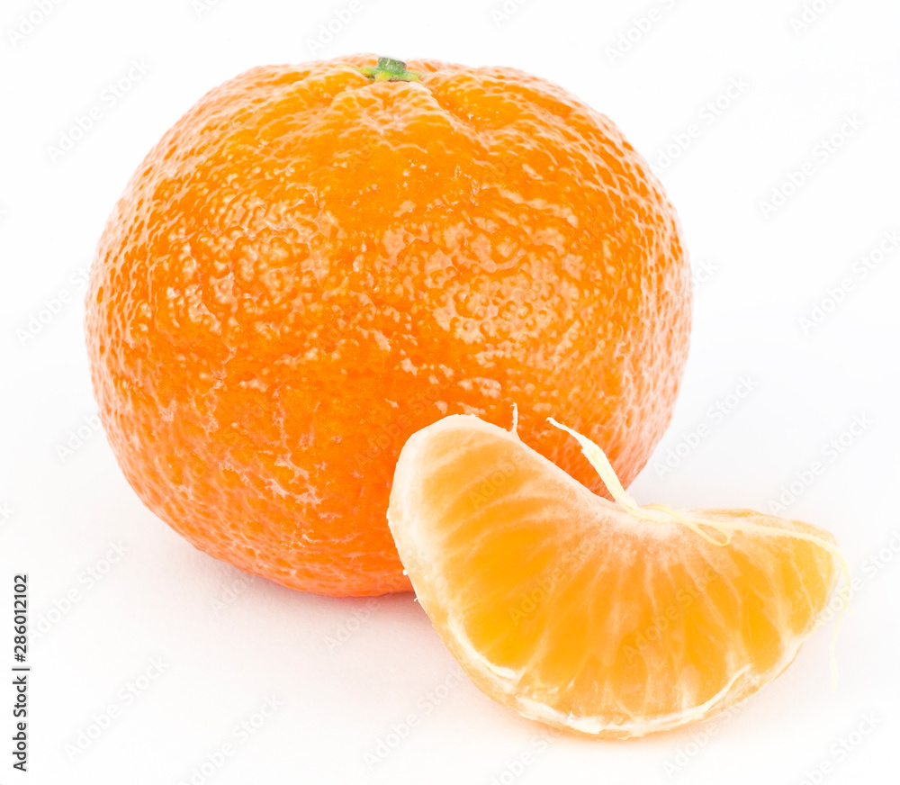 Peeled fresh clementine tangerine wedge with whole fruit. Isolated. Peeled fresh clementine tangerine wedge with whole fruit. Isolated.