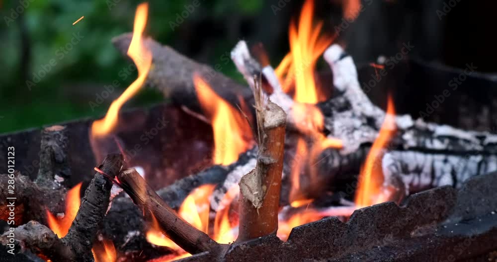 Preparation for cooking barbecue outside, summertime. Cooking, heat and barbecue concept. Firewood burning in brazier. Wood burning in metal brazier on bright yellow fire