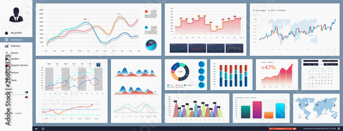 Great dashboard UI. Modern presentation with infographic, chart, graph, finance data in flat style design. Clean and simple app interface design. Big data concept Dashboard user admin panel template.