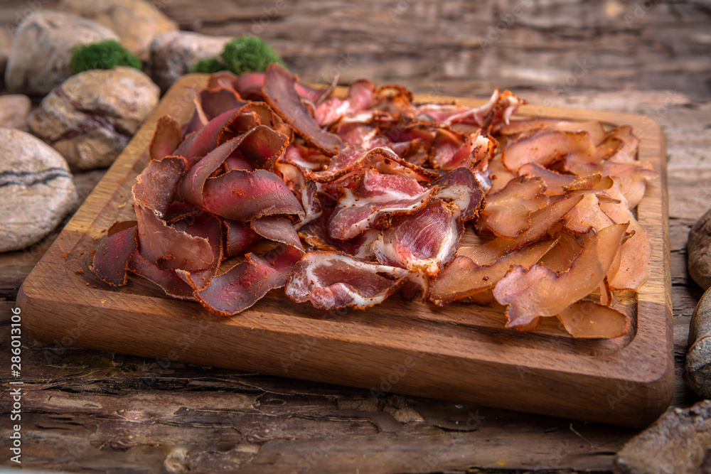 Snack to beer: lard, smoked pork ears, bacon, bastrum spicy, tasty, aromatic Snack to beer: lard, smoked pork ears, bacon, bastrum spicy, tasty, aromatic