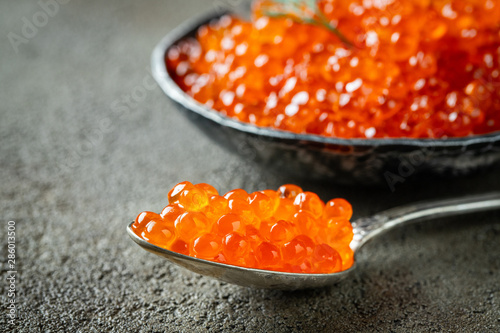 Close-up delicious red caviar in a spoon on a dark concrete background. With copy space
