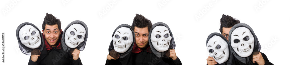 Man in horror costume with mask isolated on white