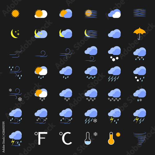 Vector set of 42 weather icons. Sunny, snowy, windy, rainy, blizzard, storm and other symbols for condition of sky. Different multi colored signs for any forecast and your own projects.