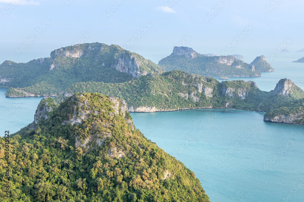 Aerial landscape view group of islands in Angthong islands national marine park in the morning from view point at Wua Ta Lap island at Surat Thani, Thailand summer holida
