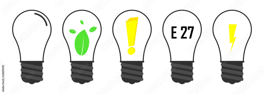 Set bulb icons design template, collection lamp E27, green energy, good idea, vector illustration