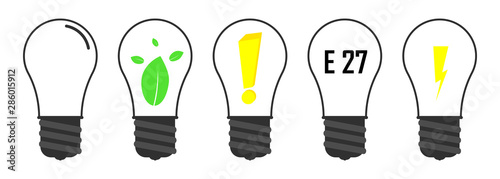 Set bulb icons design template, collection lamp E27, green energy, good idea, vector illustration