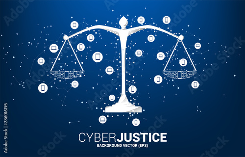Justice scale with dot and line connection and mobile device icon. Background Concept of cyber social judgment