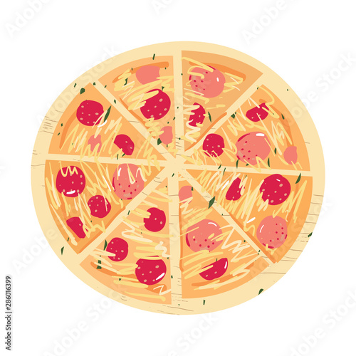 Pizza slices on a wooden board with salami tomato pepper cheese cartoon flat vector illustration set.
