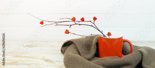 Red mug with dry branches and red hearts on a light wooden background. Hello Autumn. Minimalist autumn composition. The Concept Of Love Autumn.