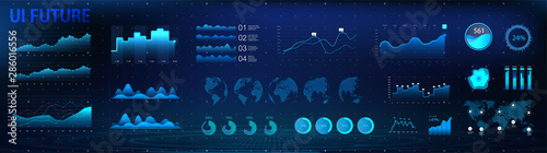 HUD charts and infographic interface UI, UX, KIT. Network management data screen with charts and diagrams. Modern interface with blue infographic, digital illustration. Vector modern web elements
