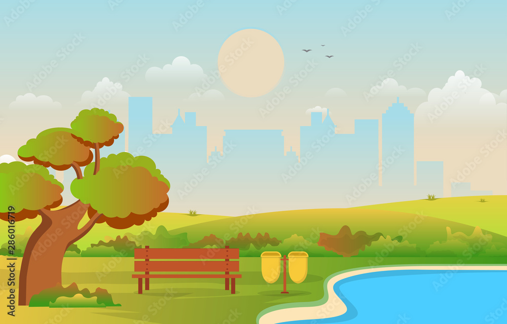 Beautiful City Park in Fall Autumn with Building Skyline Illustration